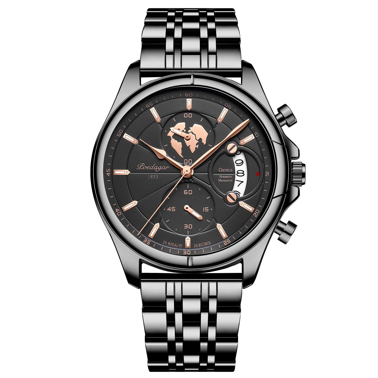 Chronograph Watch, Sapphire Glass, Leather or Steel – Men – Black · Black Dial · Steel Bracelet – front