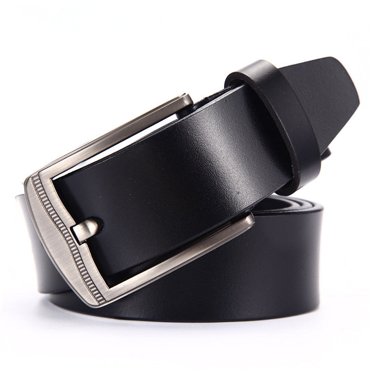 Wide Leather Belt, Brushed Buckle – Men – Black · Engraved-Edge Buckle – front