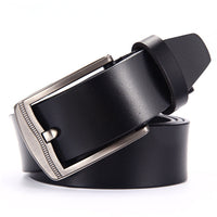 Wide Leather Belt, Brushed Buckle – Men – Black · Engraved-Edge Buckle – front