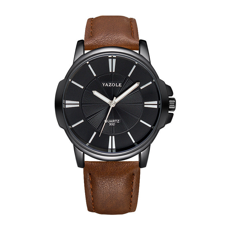 Minimalist Dress Watch, Leather Strap – Men – Black · Black Dial · Brown Strap – front