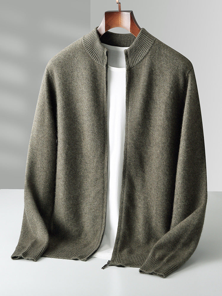 Full-Zip Knit Cardigan, Stand Collar – Men – Olive – front
