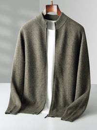 Full-Zip Knit Cardigan, Stand Collar – Men – Olive – front