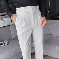 High-Waist Pleated Trousers, Double-Button Waist – Men – White – front