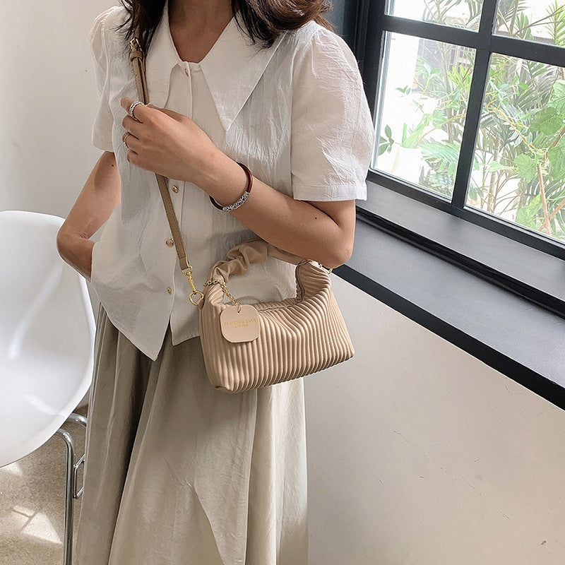 Pleated Faux-Leather Shoulder Bag – Women – Beige – worn