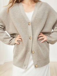 Ribbed V-Neck Button Cardigan – Women – Stone – worn