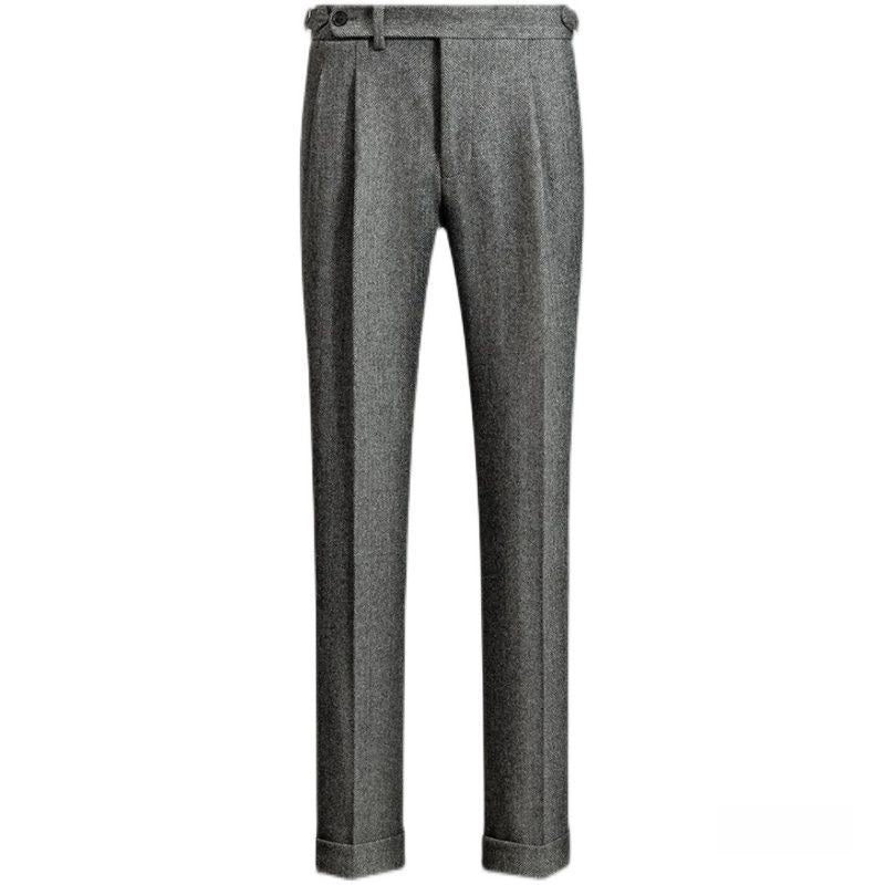 Herringbone Tweed-Look Double-Pleat Trousers, Side Adjusters – Men – Charcoal – full length