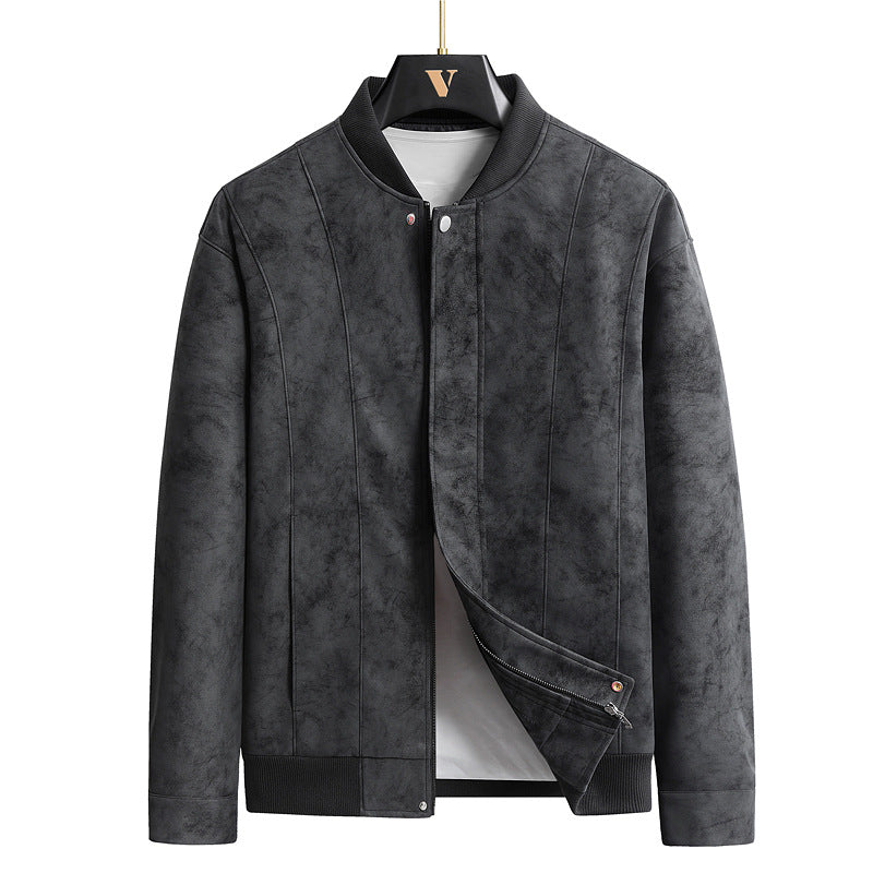 Suede-Look Baseball-Collar Jacket – Men – Charcoal – front