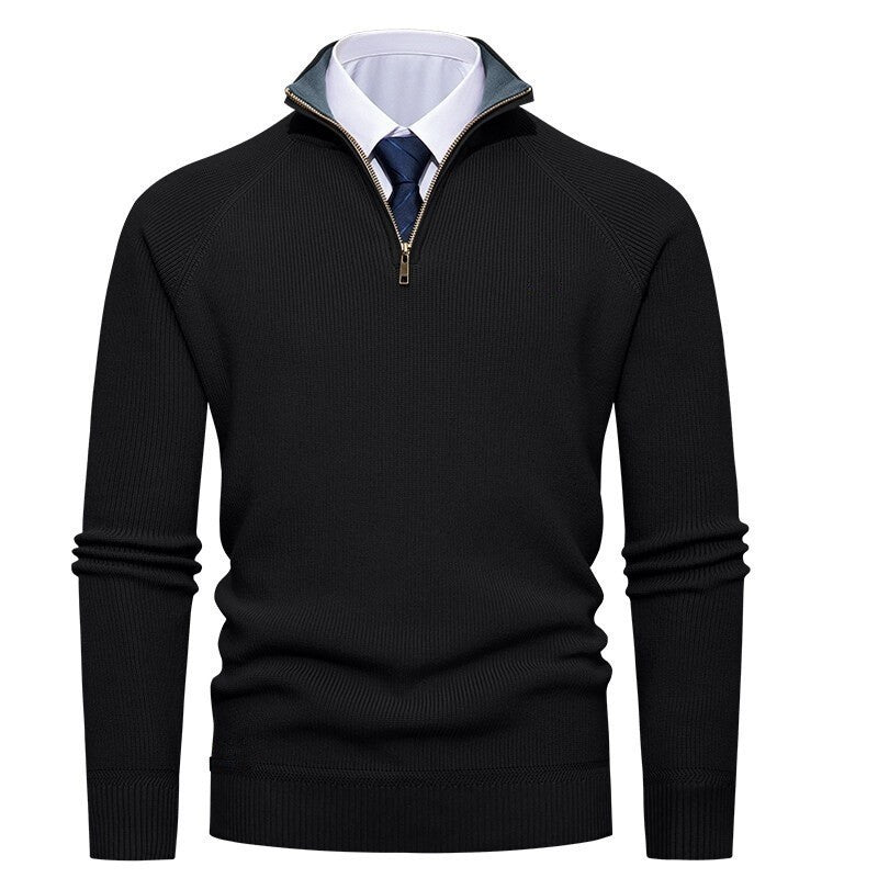 Ribbed Quarter-Zip Sweater, Raglan Sleeves – Men – Black – front