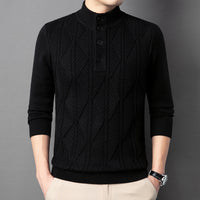 Diamond-Knit Button Stand-Collar Sweater – Men – Black – worn