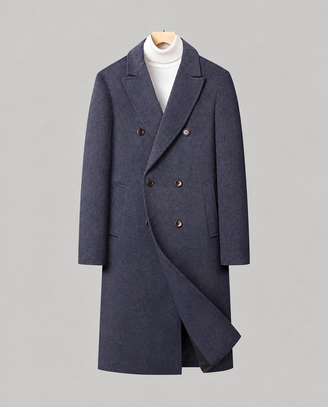 30–50% Wool Double-Breasted Overcoat – Men – Navy – front, daylight