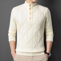 Diamond-Knit Button Stand-Collar Sweater – Men – Cream – worn