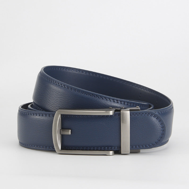 Leather Ratchet Belt, Slim Buckle – Men – Navy · Silver Frame Buckle – front
