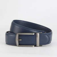 Leather Ratchet Belt, Slim Buckle – Men – Navy · Silver Frame Buckle – front