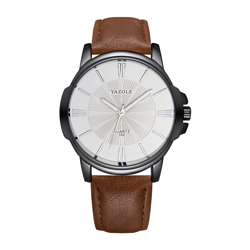 Minimalist Dress Watch, Leather Strap – Men – Black · White Dial · Brown Strap – front