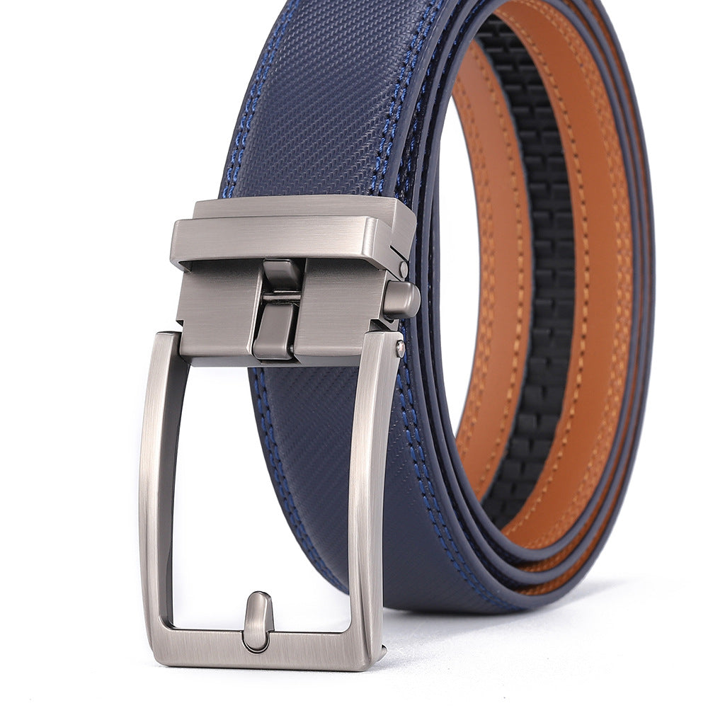 Leather Ratchet Belt, No Holes – Men – Navy Grain · Gunmetal Buckle – front