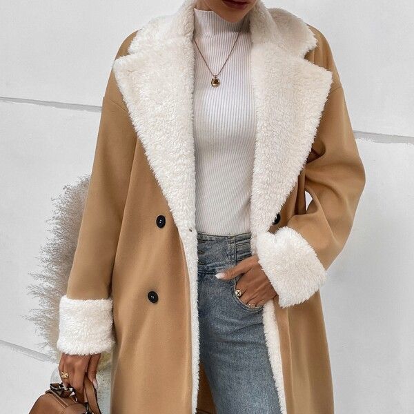 Double-Breasted Coat with Teddy Collar – Women – Camel – worn