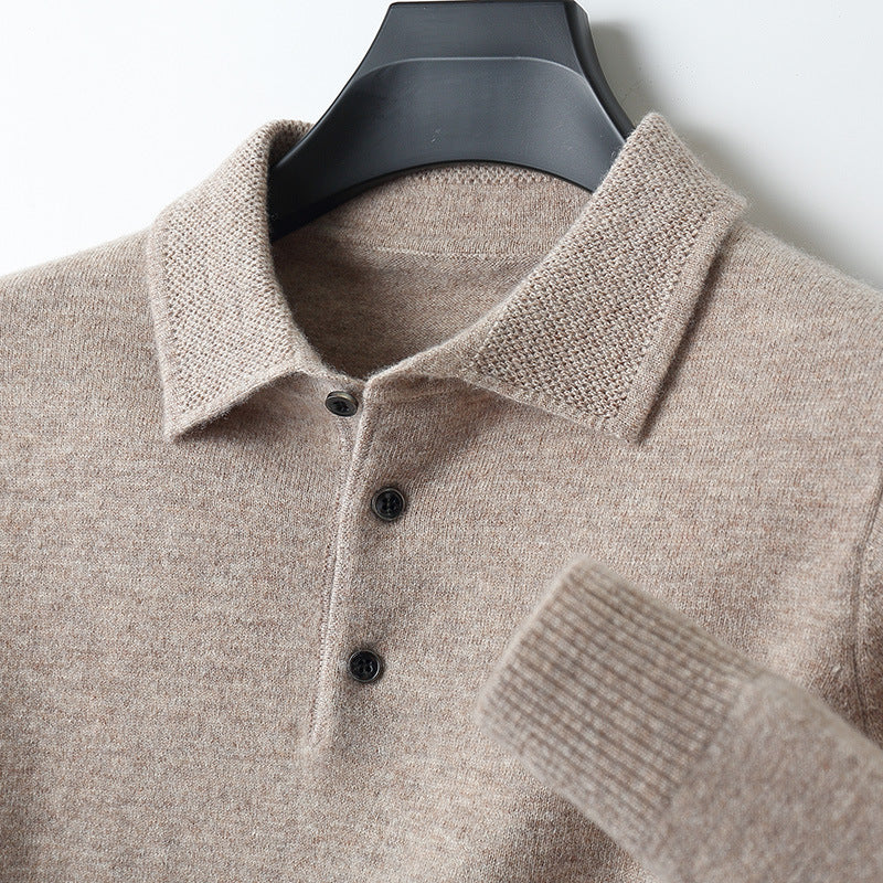 96–99% Wool Knit Polo Sweater, Long Sleeve – Men – Beige – collar