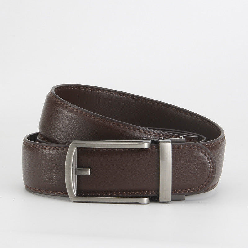 Leather Ratchet Belt, Slim Buckle – Men – Brown · Silver Frame Buckle – front
