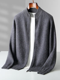 Full-Zip Knit Cardigan, Stand Collar – Men – Charcoal – front
