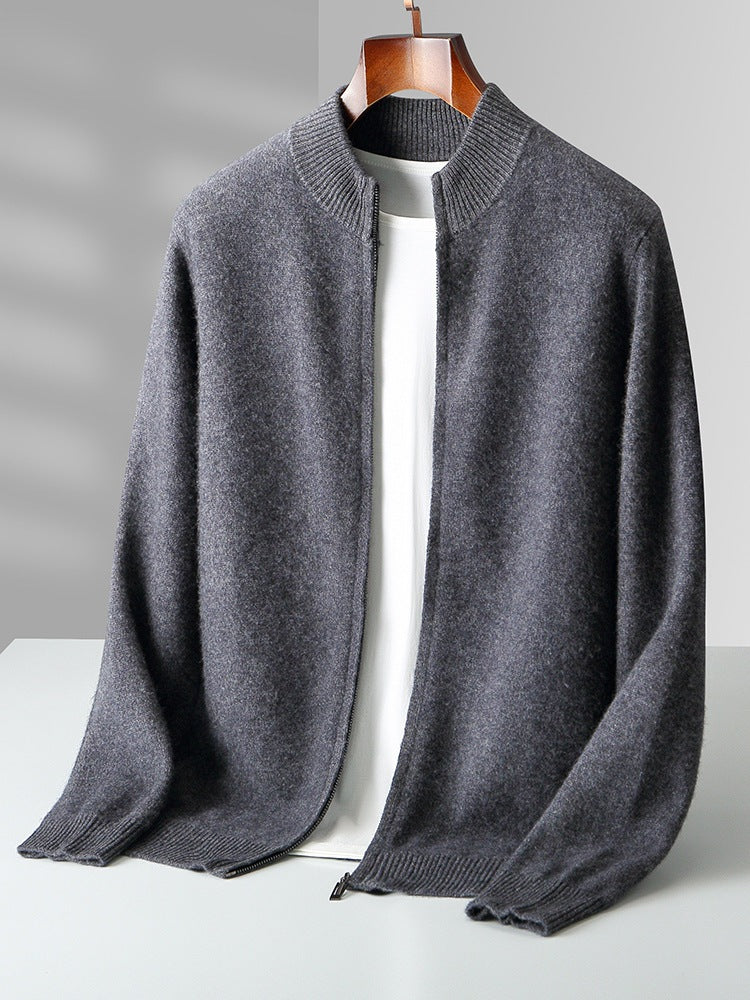 Full-Zip Knit Cardigan, Stand Collar – Men – Charcoal – front