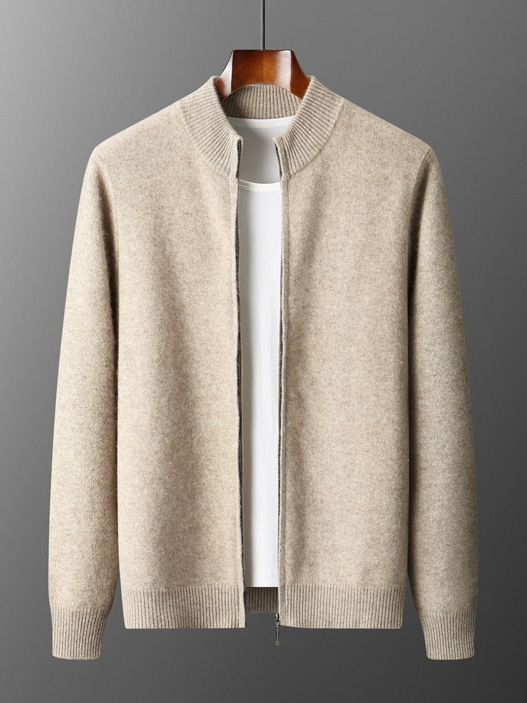 Full-Zip Knit Cardigan, Stand Collar – Men – Beige – front