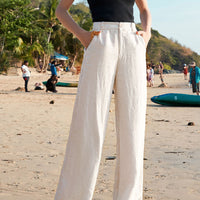 100% Cotton High-Waist Wide-Leg Trousers – Women – Beige – worn