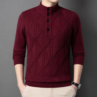 Diamond-Knit Button Stand-Collar Sweater – Men – Burgundy – worn