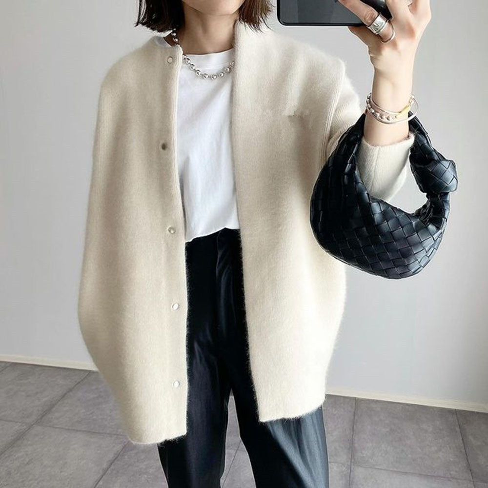 Long Round-Neck Knit Cardigan Coat – Women – Cream – worn