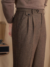 Herringbone Pleated Trousers, High Waist – Men – Brown – pleat detail