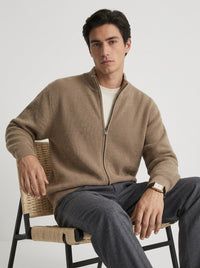 Stand-Collar Zip Knit Cardigan – Men – Camel – worn, seated