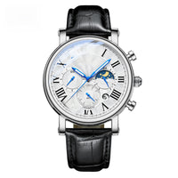 Roman Numeral Moon-Phase Watch – Men – Silver · White Dial · Black Leather – front