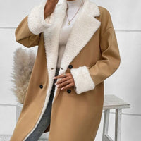 Double-Breasted Coat with Teddy Collar – Women – Camel – worn, open