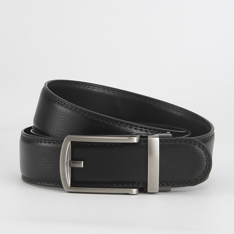 Leather Ratchet Belt, Slim Buckle – Men – Black · Silver Frame Buckle – front