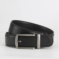 Leather Ratchet Belt, Slim Buckle – Men – Black · Silver Frame Buckle – front