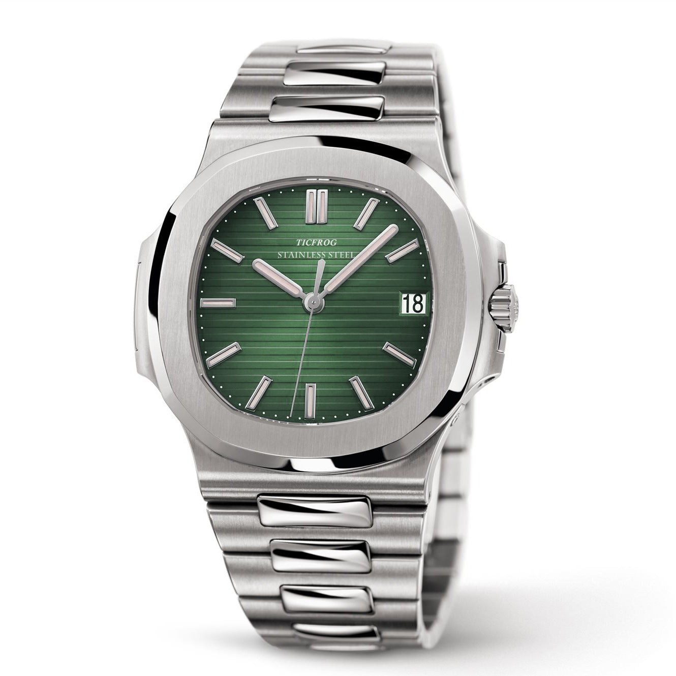 Steel Integrated-Bracelet Watch, Sapphire Glass – Men – Steel · Green Dial – front