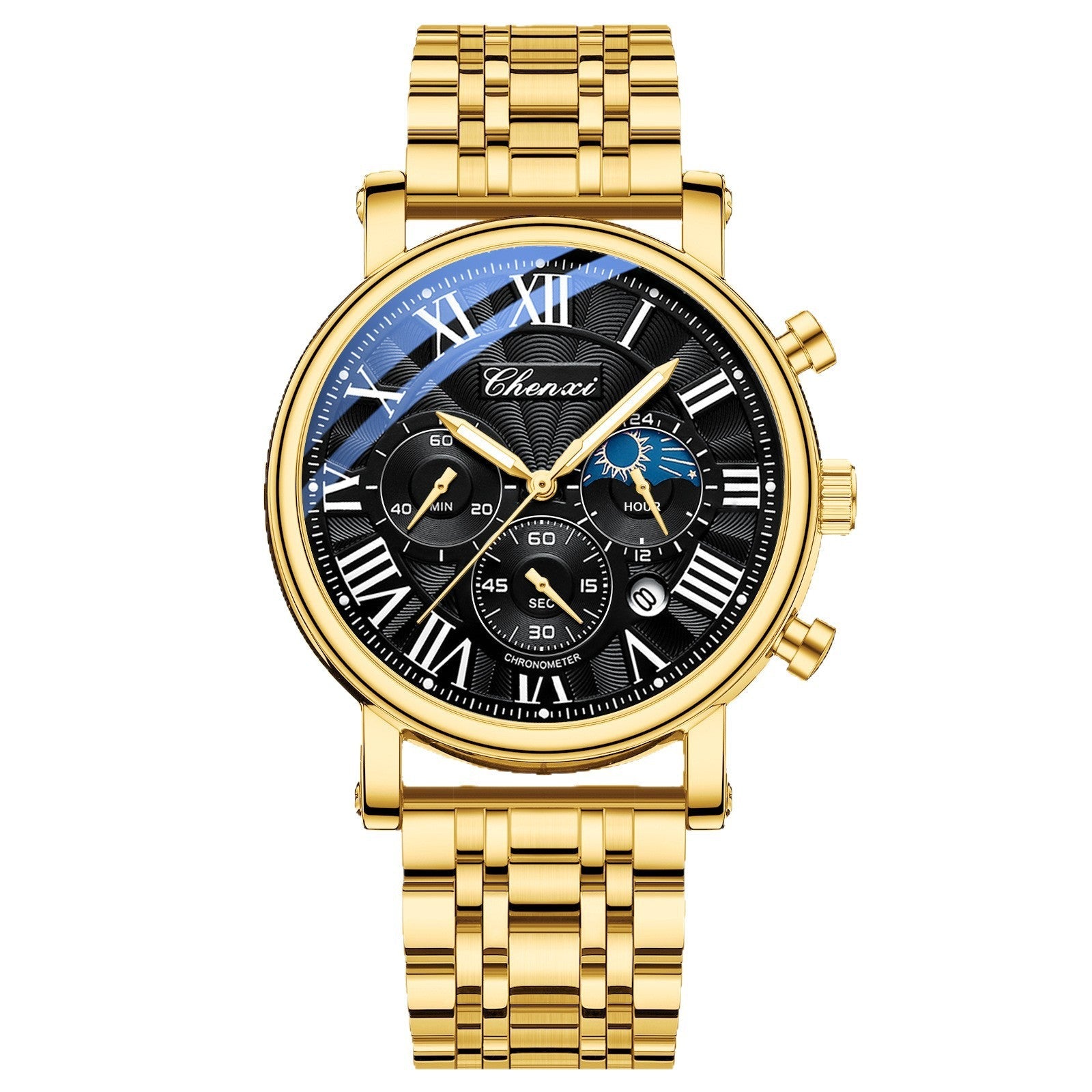 Roman Numeral Moon-Phase Watch – Men – Gold · Black Dial · Gold Bracelet – front
