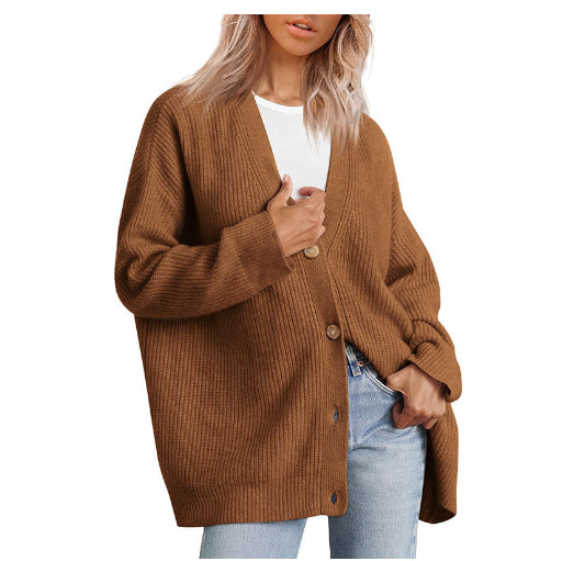 Ribbed V-Neck Button Cardigan – Women – Brown – worn, front