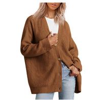 Ribbed V-Neck Button Cardigan – Women – Brown – worn, front