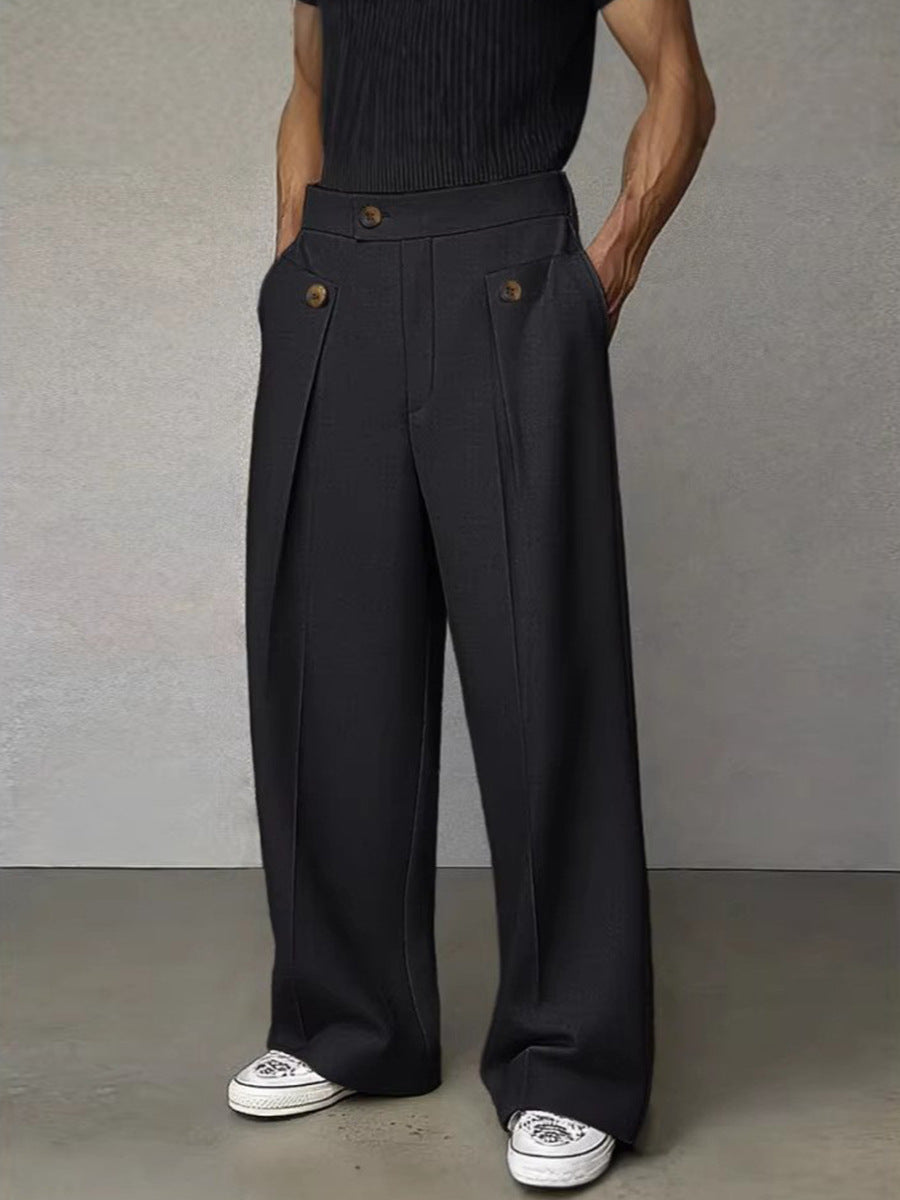 Wide-Leg Pleated Trousers, Button Flap Front – Men – Black – worn