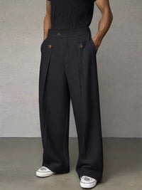 Wide-Leg Pleated Trousers, Button Flap Front – Men – Black – worn