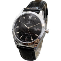 Roman Numeral Quartz Watch, Mesh or Leather – Men – Silver · Black Dial · Black Leather – front