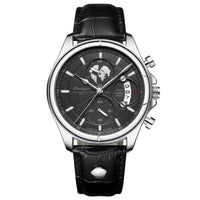 Chronograph Watch, Sapphire Glass, Leather or Steel – Men – Silver · Black Dial · Black Leather – front