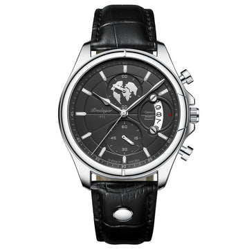 Chronograph Watch, Sapphire Glass, Leather or Steel – Men – Silver · Black Dial · Black Leather – front