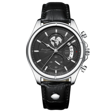 Chronograph Watch, Sapphire Glass, Leather or Steel – Men – Silver · Black Dial · Black Leather – front