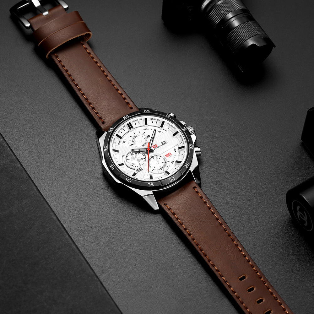 Sport Chronograph Watch, Leather or Steel – Men – Silver · White Dial · Brown Leather – lifestyle