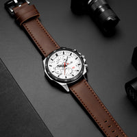 Sport Chronograph Watch, Leather or Steel – Men – Silver · White Dial · Brown Leather – lifestyle