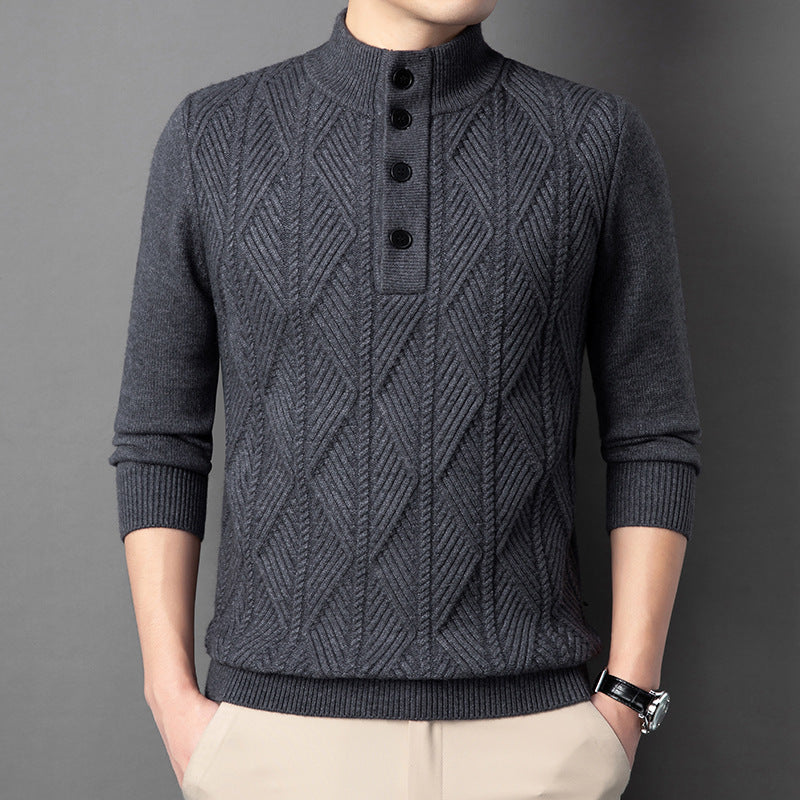Diamond-Knit Button Stand-Collar Sweater – Men – Charcoal – worn