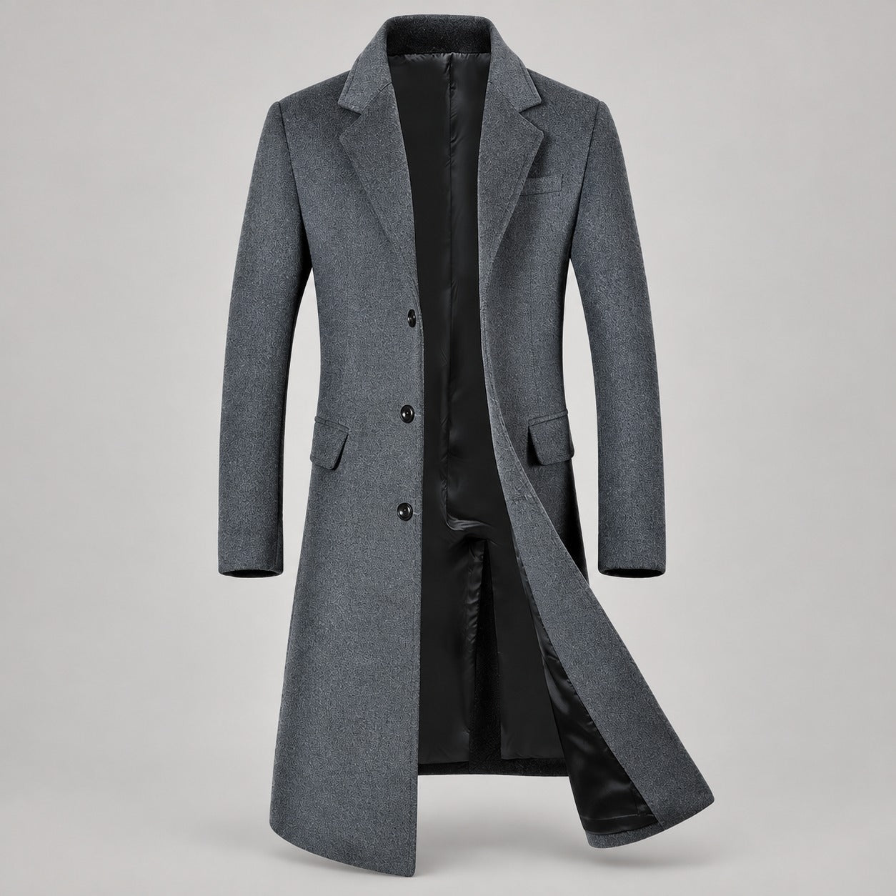 50% Wool Single-Breasted Long Overcoat – Men – Grey – front