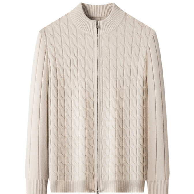Cable Knit Zip Cardigan, Ribbed Stand Collar – Men – Cream – front