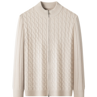 Cable Knit Zip Cardigan, Ribbed Stand Collar – Men – Cream – front